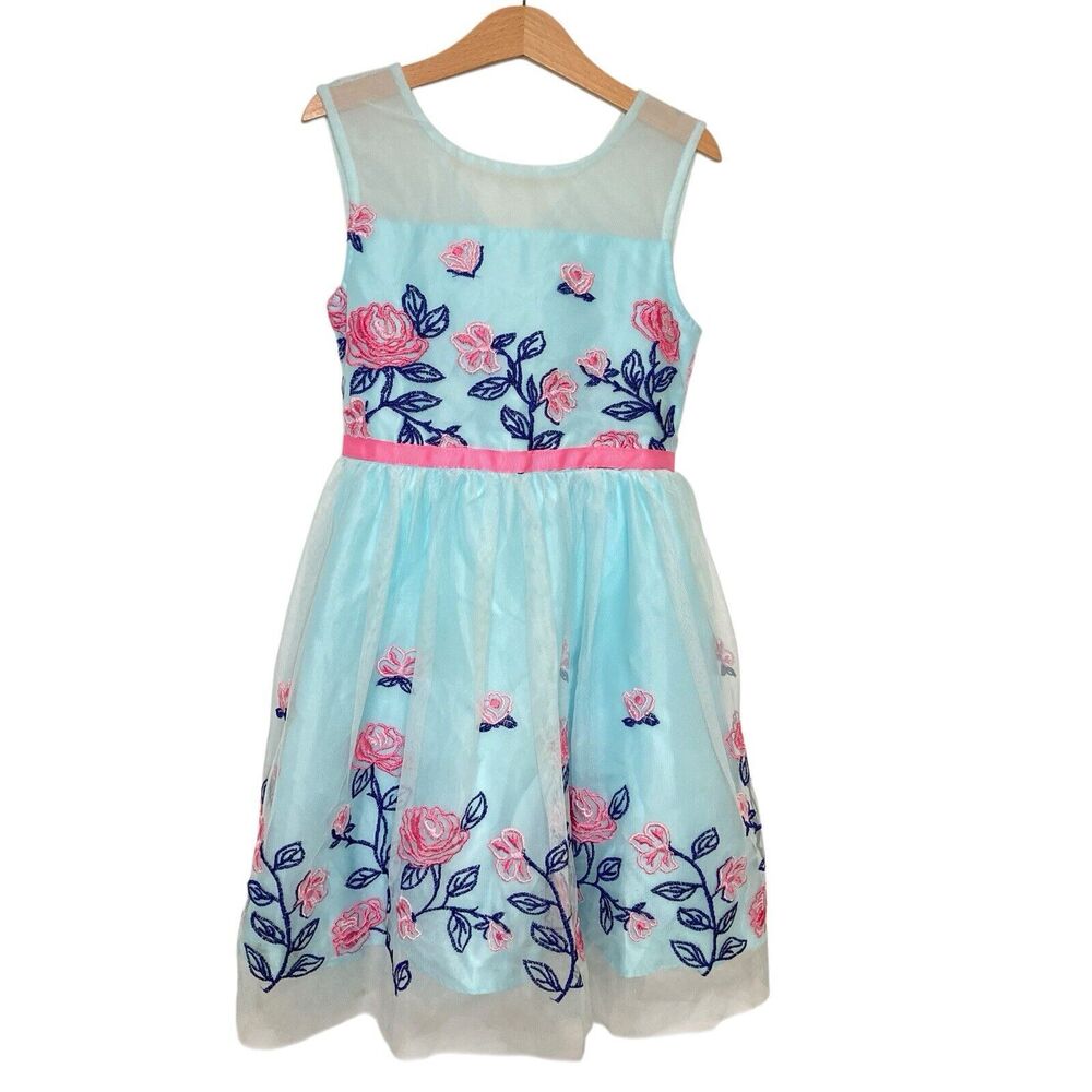 Jona Michelle Girls SZ 7 Teal Tulle Overlay Floral Dress Embroidery Pink Party
